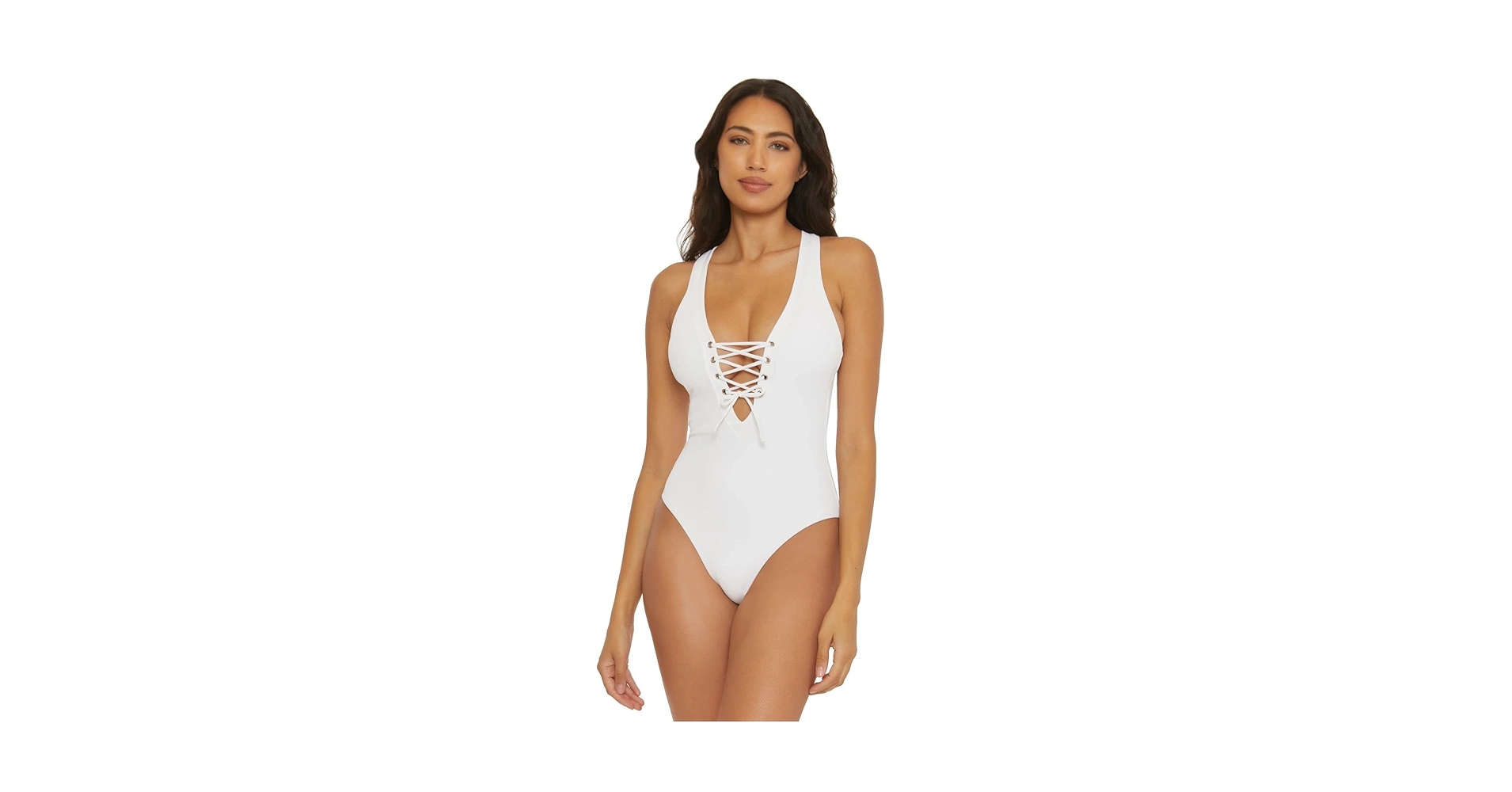 BECCA Modern Edge Gia Lace-Up Plunge One-Piece White SM at
